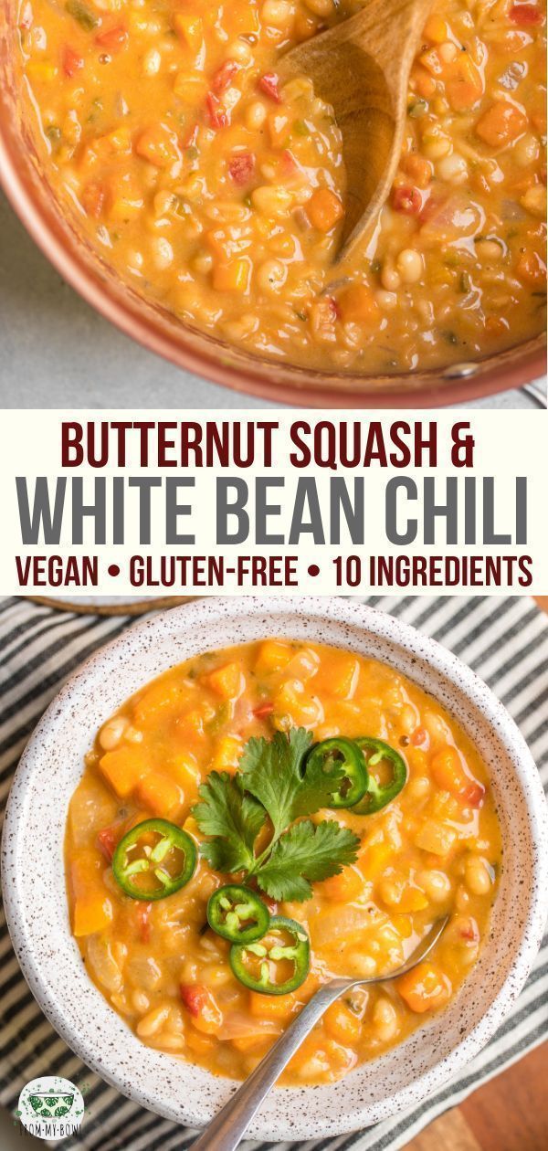 a bowl of butternut squash and white bean chili is shown with the title above it