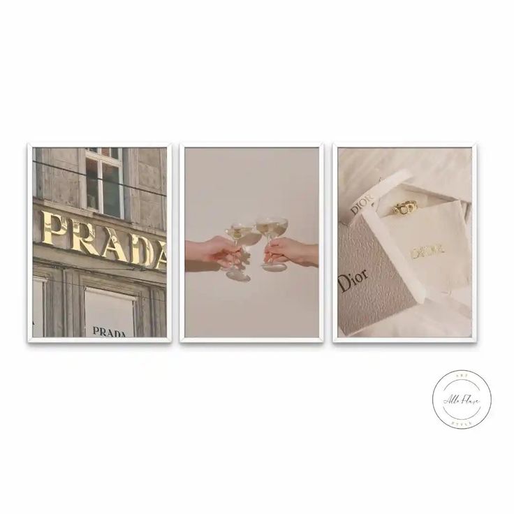 three different pictures with the words prada and two hands holding wine glasses in front of a building