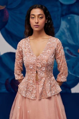 Rose gold jacket with all over floral embroidery and sequin embellishments. Comes with can can attached sequined lehenga and blouse. - Aza Fashions Glamorous Floral Embroidery Wedding Sets, Glamorous Wedding Sets With Floral Embroidery, Floral Embroidered Sharara For Party, Glamorous Floral Embroidered Sets For Reception, Glamorous Sets With Floral Embroidery For Reception, Glamorous Fitted Anarkali Set With Resham Embroidery, Glamorous Fitted Embroidered Fabric For Festive Season, Festive Fitted Glamorous Embroidered Fabric, Festive Glamorous Fitted Embroidered Fabric