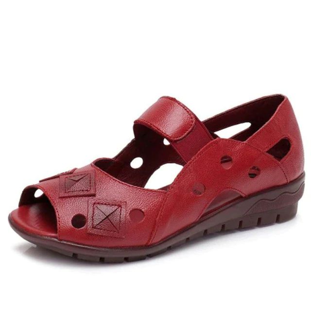 • Upper Material: Genuine Leather• Lining Material: Polyurethane• Side instep type: Covered• Sole Material: Rubber• Heel Height: Low (1cm-3cm)• Platform height: 0-3cm• Closure Type: Slip-On• Fit: Fits true to size, take your normal size• Item # E334• Import Product• Width Options: B - Medium• Shipping Worldwide Summer Red Closed Toe Flats, Comfortable Closed-toe Wedge Sandals With Arch Support, Red Leather Flats For Summer, Non-slip Summer Flats, Summer Slip-on Flats With Arch Support, Non-slip Leather Flats, Non-slip Round Toe Wedge Sandals For Summer, Casual Red Toe Post Wedge Sandals, Non-slip Synthetic Flats For Summer