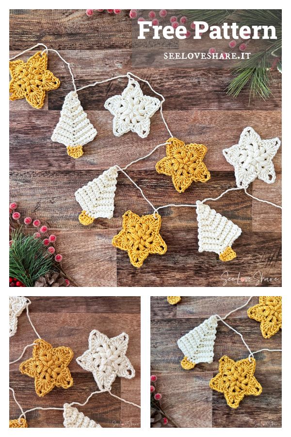 crocheted christmas ornaments hanging on a string with the words free pattern below it