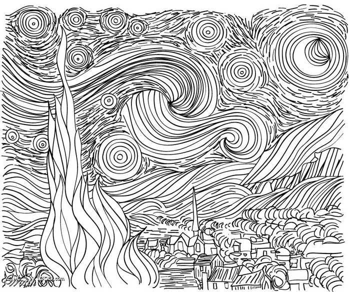 the starry night with trees and buildings in black and white, as well as swirls