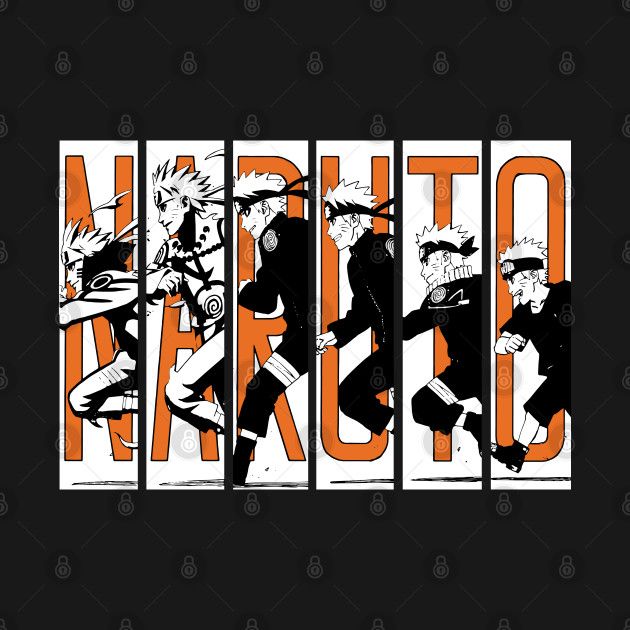 three anime characters with the word naruto in orange and white on a black background