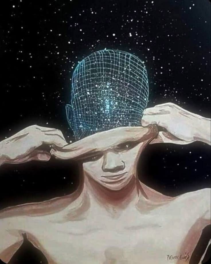 a man is holding his head in front of the stars