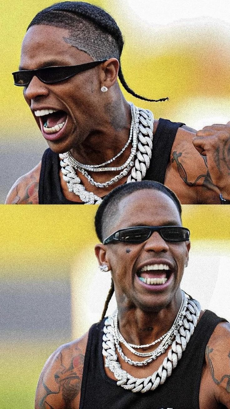 two pictures of a man with tattoos on his face and chest, one is laughing