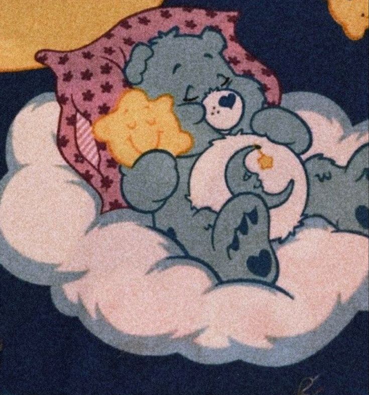 there is a teddy bear that is sleeping on a cloud in the sky with stars