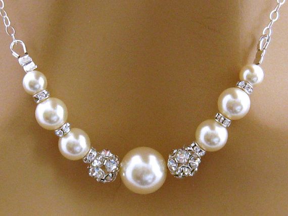 Sterling Silver Rhinestone Pearl Bridal Necklace, Swarovski Wedding Necklace, Pearl Bridesmaid Necklace, Wedding Jewelry, Pearl Necklace Mother of the Bride Choose your colors - shown with white Swarovski pearls accented with sparkly Swarovski crystals and rhinestone fireballs on a Crystal Pearl Necklace For Wedding, Wedding Jewelry With Pearl And Rhinestones, Pearl White Crystal Bridal Necklace For Wedding, Elegant Bridal Crystal Necklace With Round Beads, Elegant Crystal Bridal Necklace With Round Beads, Elegant Pearl Necklace With Rhinestones For Wedding, Wedding Rhinestones Necklaces, Formal Crystal Bridal Necklace With Round Beads, Elegant Bridal Necklace With Crystal Round Beads