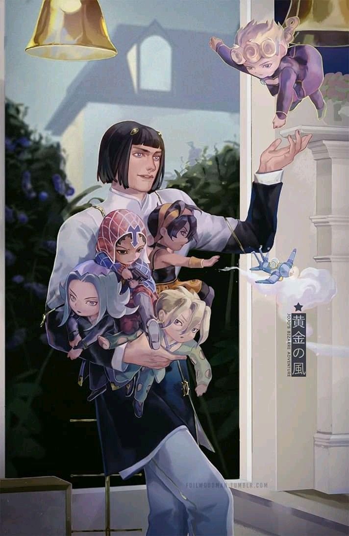 an anime character is holding several children in front of a door with two bells hanging from the ceiling