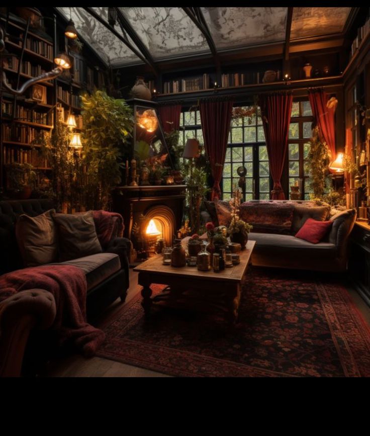 a living room filled with furniture and a fire place next to a book shelf full of books