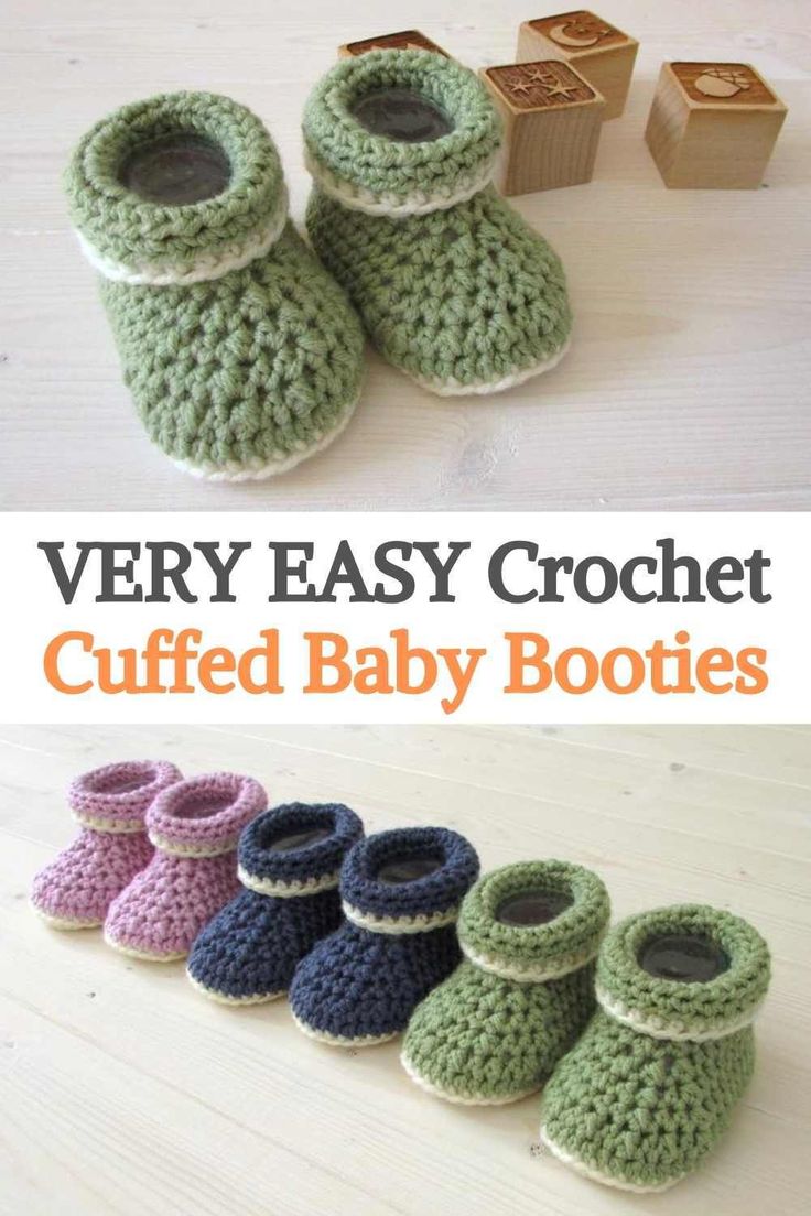 crocheted baby booties with the text very easy crochet cuffed baby boots