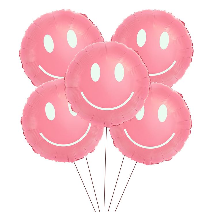 five pink smiley face balloons with white polka dots