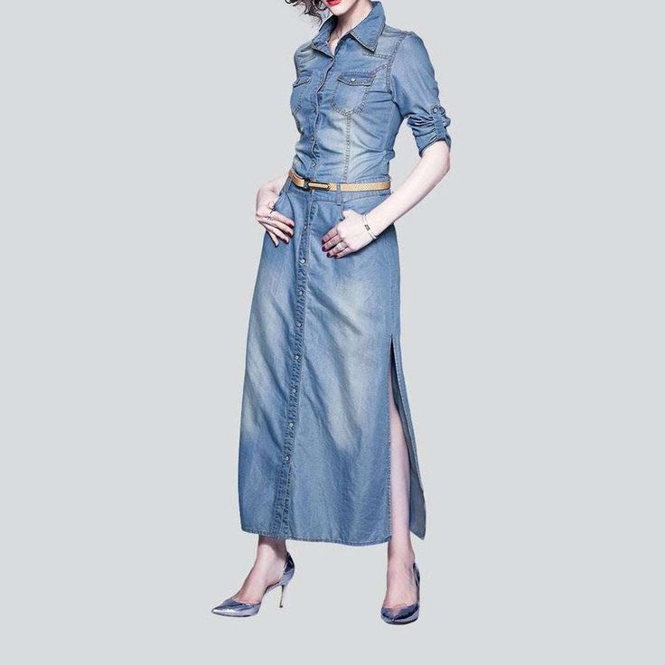 Welcome to the 2023 Spring-Summer Collection! Step into the spotlight with our light wash long denim dress. 90s style ââ‚?the perfect combination of classic and modern style. Perfect for those effortless summer days. this dress will make you look and feel like a trend-setter! Why You'll Love ItThis classic denim dress is designed to be a statement-maker. both comfortable and chic. With its light wash and subtle distressed detailing. it's the perfect balance of nostalgia and modernity. The long l Light Wash Denim Dress With Relaxed Fit, Relaxed Fit Light Wash Denim Dress, Light Wash Relaxed Fit Denim Dress, Light Blue Cotton Maxi Dress For Spring, Fitted Denim Maxi Dress, Medium Wash Denim Midi Dress With Short Sleeves, Trendy Long Midi Dress For Spring, Casual Fitted Maxi Dress In Medium Wash, Blue Washed Midi Length Denim Dress