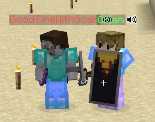 two minecraft characters standing next to each other in front of a screen with the words,