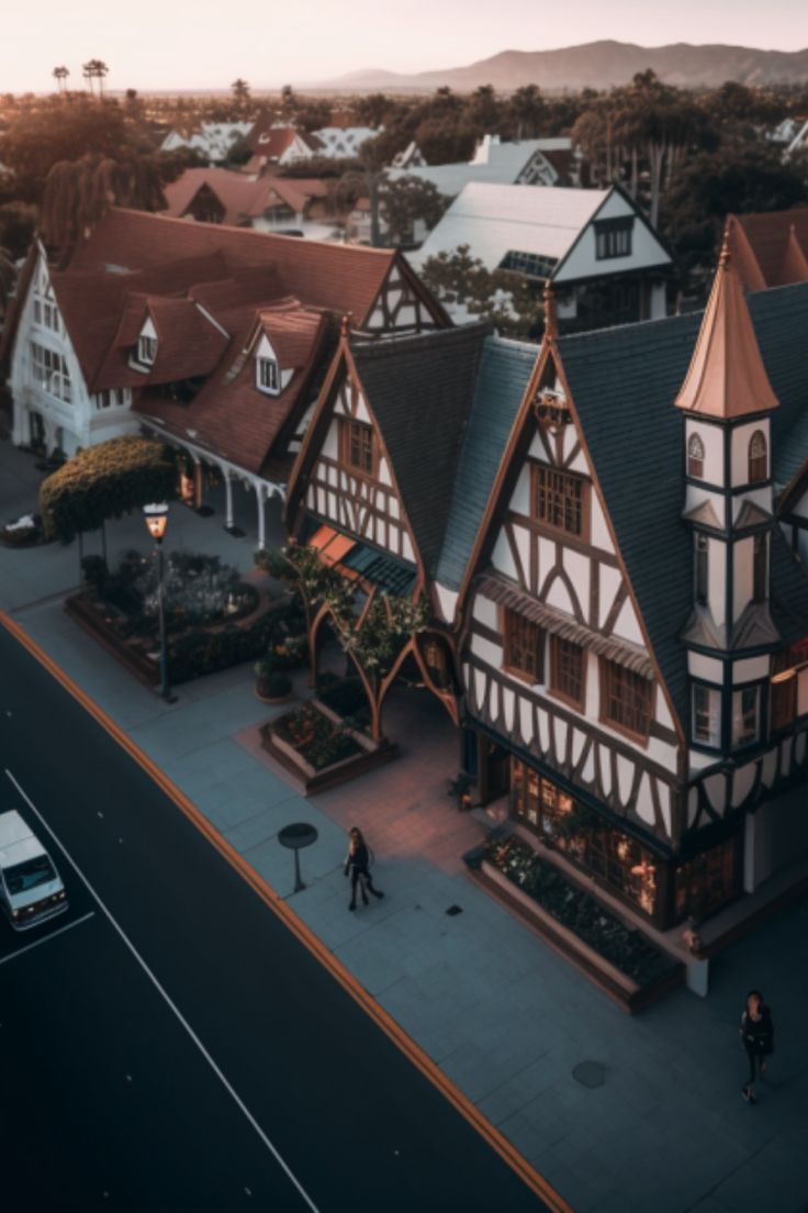 an aerial view of a street with many houses