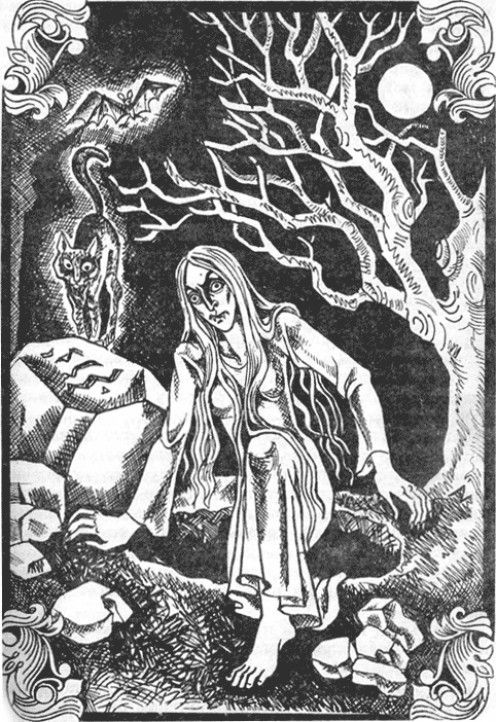 a drawing of a woman with long hair standing in front of a tree and some rocks