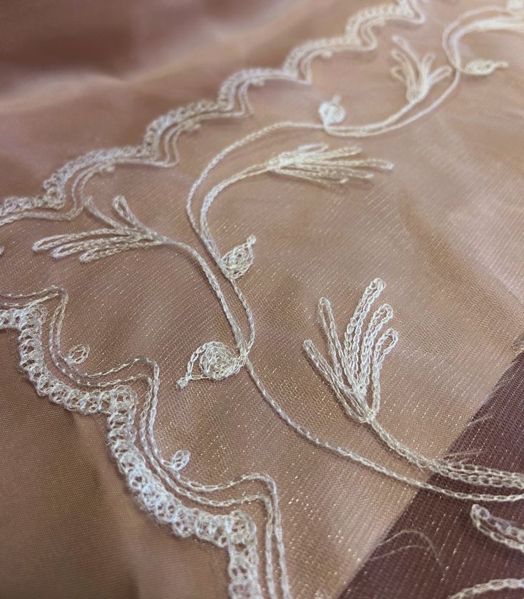 closeup of an embroidered fabric with white stitching on the edges and side panels