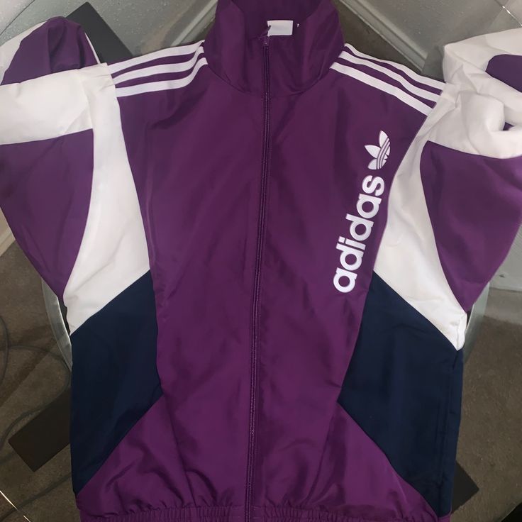 Brand New White Adidas Windbreaker For Fall, Adidas White Windbreaker For Fall, Casual Fitted White Track Jacket, White Fitted Casual Track Jacket, Adidas White Track Jacket For Fall, White Adidas Windbreaker For Spring, Purple Sporty Track Jacket For Spring, Sporty Purple Track Jacket For Spring, Casual Fitted White Windbreaker