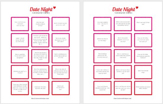 a printable date night game with red squares and hearts on the side, in two separate