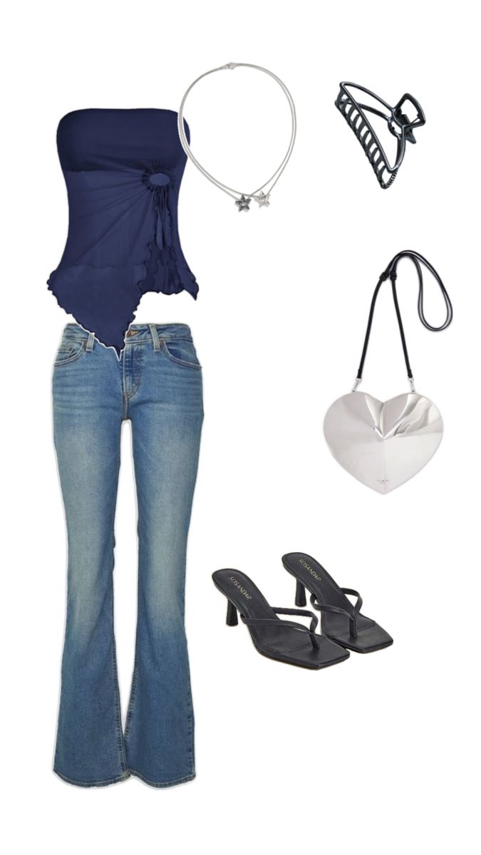 Blue top, y2k outfit, bootcut jean outfit, silver jewellery, silver styling, black heels, blue aesthetic outfit, blue 2000s outfit, bootcut jeans outfit Bootcut Jeans Outfit Fall, Outfits Bootcut Jeans, Bootcut Jeans Outfit Aesthetic, Jeans Y2k Outfit, Jeans Outfit Aesthetic, Bootcut Jeans Outfit, Silver Y2k, Jeans Outfit Fall, Outfit Inspired