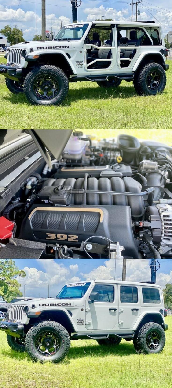 two pictures of jeeps with the hood open