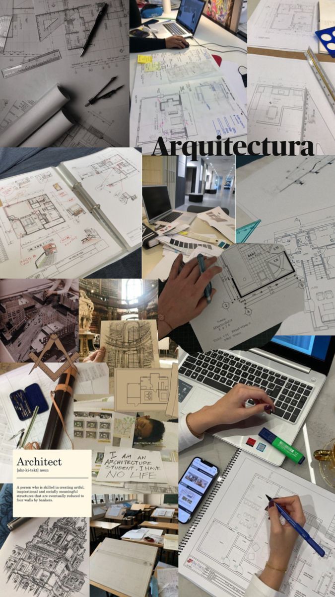 many different images of architectural drawings and laptops on a table with papers, pens and pencils