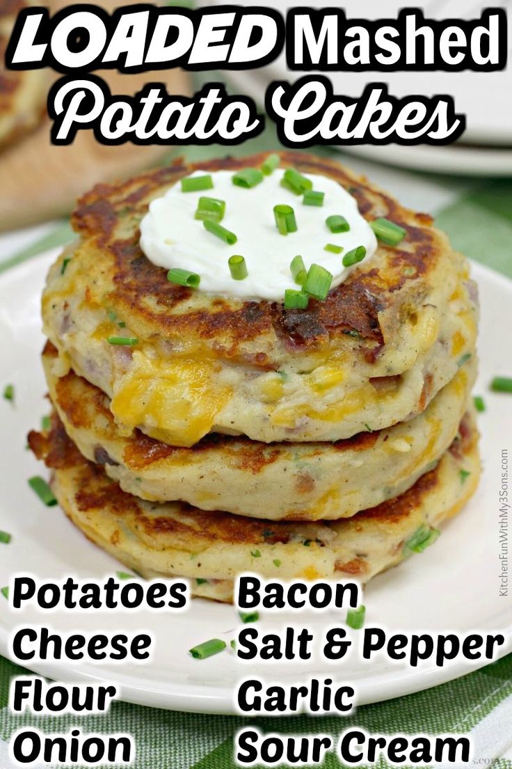 loaded mashed potato cakes on a white plate