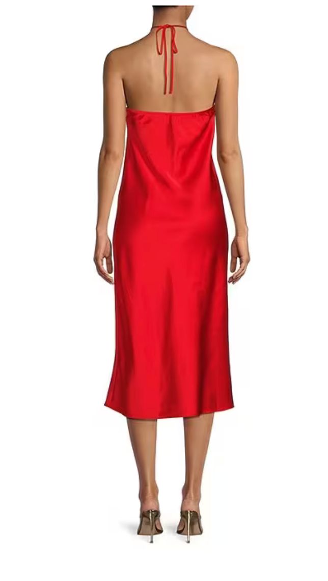 From Lucy Paris, this dress features: Satin fabrication Halter neckline Sleeveless Neck Rosette detail Tie back closure Approx. 47" length Polyester Midi length Model wears a size small This style fits true to size! Dr1932 Swimwear Bottoms, Halter Neckline, Tie Backs, Pet Hair, Tie Back, Midi Length, Red Dress, Halter Dress, Satin