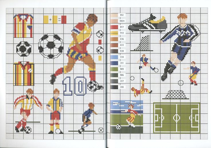 the cross stitch pattern shows different types of soccer players and their uniforms, as well as numbers