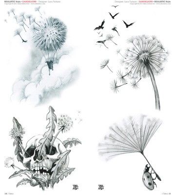 four different drawings of dandelions with skulls and birds flying around them on white paper