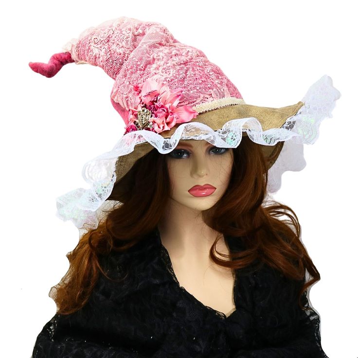 This pink rose and lace Fairy Godmother witch hat is ready for a festival, a renfaire costume, a convention, role play, or even an accent for your nursery. Elegant with a touch of granny-core fun, I felted the lace doily right into the hat, giving it an antiqued wrinkled vibe. The quality suede brim is wired and edged with ruffled lace, and you can shape it at will. The soft old fashioned pink rose has a vintage-look rhinestone butterfly nestled in the petals, for that touch of cottage fairy gar Adjustable Pink Halloween Costume Hats And Headpieces, Adjustable Pink Halloween Costume Hat, Adjustable Pink Costume Hat For Halloween, Whimsical Pink Costume Hats For Carnival, Whimsical Pink Costume Hats And Headpieces For Carnival, Pink Costume Hats And Headpieces For Halloween, Pink Whimsical Costume Hats For Carnival, Pink Halloween Costume Hat, Whimsical Costume Hat With Curved Brim For Costume Party