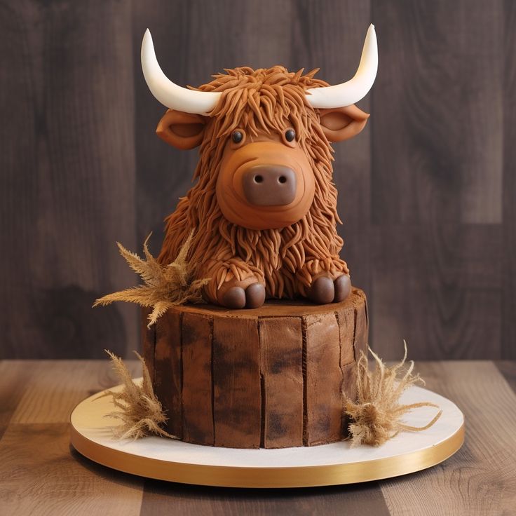 a cake made to look like a bull with horns on it's head sitting on top of a wooden table