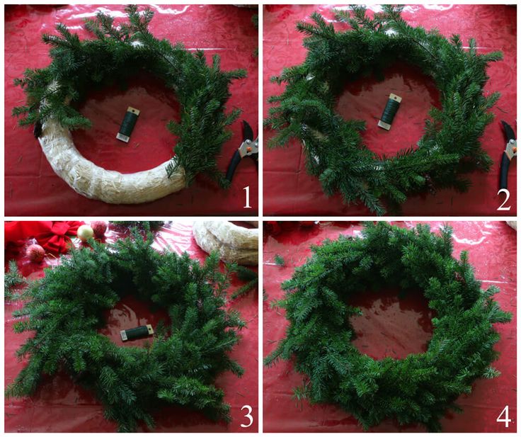 four pictures showing how to make a christmas wreath