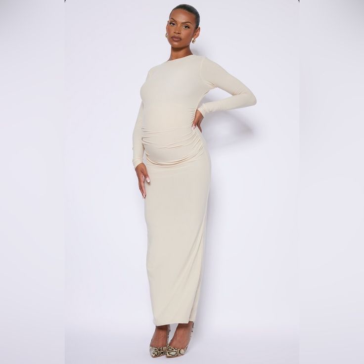 Plt Maternity Maxi Dress New With Tags Size 12 Very Soft And Comfortable Material! Elegant Maternity Dress In Cream, Fitted Cream Maternity Dress, Fitted Beige Maternity Dress, Chic Fitted Maternity Maxi Dress, Modest Fitted Maternity Maxi Dress, Long Sleeve Beige Maternity Dress, Fitted Maternity Maxi Dress, Elegant Beige Maternity Dress For Spring, Fitted Cream Maxi Maternity Dress