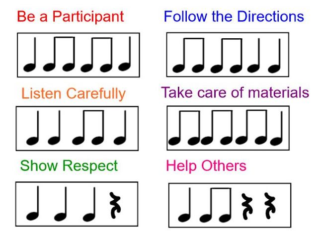 music notes with the words be a participant, follow the directions and then take care of materials show respect help others