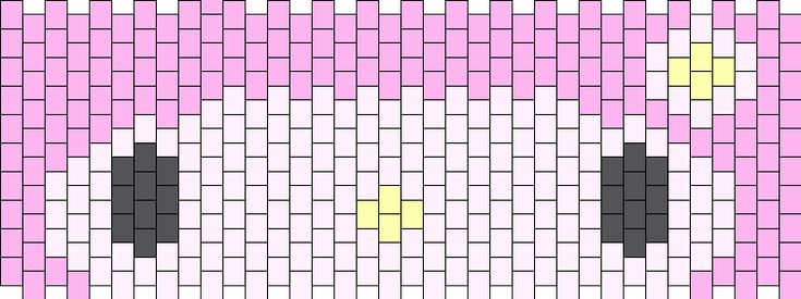 a pink and white cat face made out of squares with black dots on the bottom