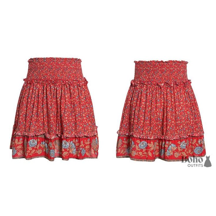 Boho Floral Skirt Caroline - Red / S - Dresses Beach Floral Print Mini Skirt, Bohemian Mini Skirt For Vacation, Beach Tiered Mini Skirt With Floral Print, Flowy Floral Print Mini Skirt For Vacation, Floral Print Tiered Mini Skirt For Beach, Bohemian Flowy Mini Skirt For Festival, Hippie Floral Print Tiered Skirt, Hippie Tiered Skirt With Floral Print, Hippie Tiered Floral Print Skirt