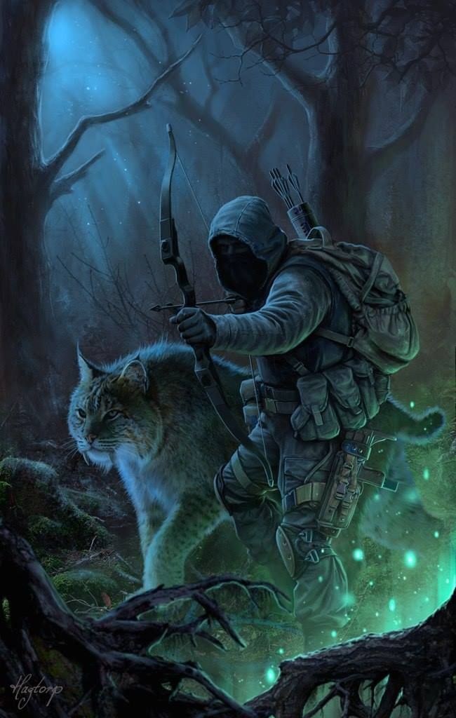 a painting of a man with a bow and arrow in the woods next to a cat