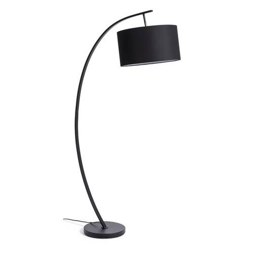 a floor lamp with a black shade on it