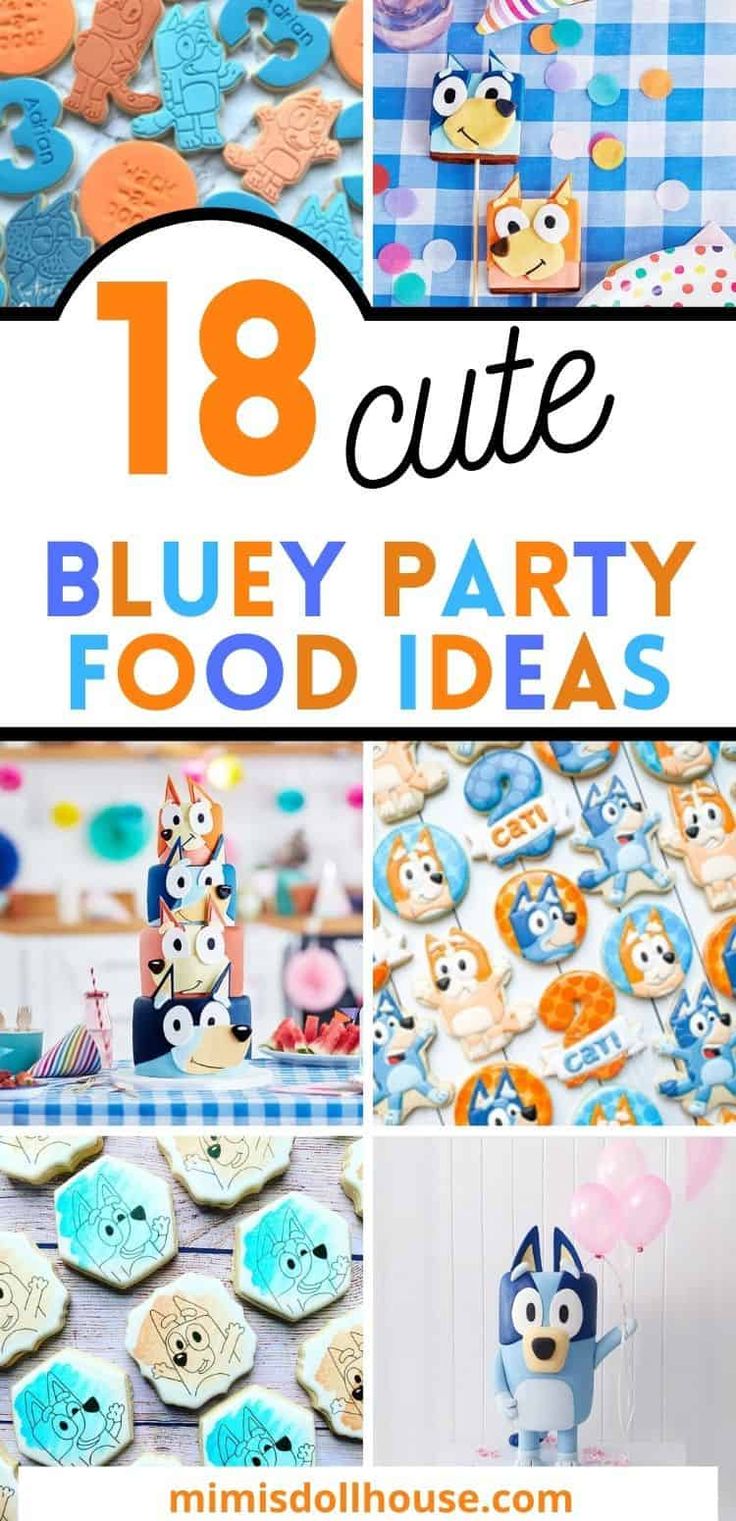 Ideas for foods to serve at a Bluey Themed Party If you are planning a Bluey themed party for your little pup, you will love these Bluey cakes and cupcakes and food ideas.  There is nothing better to set the mood for your party than some adorable Bluey themed cookies or food to tie your theme all together.  Let's check out these ideas... #blueybirthday #blueyandbingo via @mimisdollhouse Food Ideas For 2nd Birthday Party, Easy Bluey Crafts, Food For A Bluey Party, Bluey Themed Charcuterie Board, Food Ideas For Bluey Party, Bluey Birthday Party 1st, Bluey Birthday Party Snack Ideas, Bluey Birthday Dessert Table, Food For Bluey Birthday Party