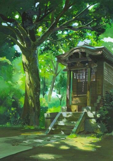 a painting of a gazebo in the middle of a forest with steps leading up to it