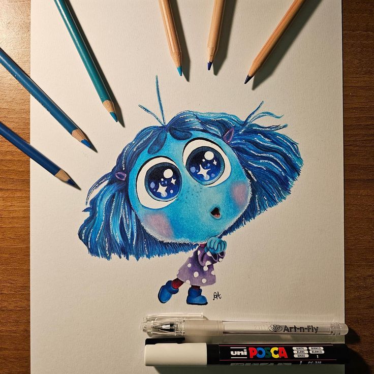 a drawing of a cartoon character with blue hair and big eyes surrounded by pencils