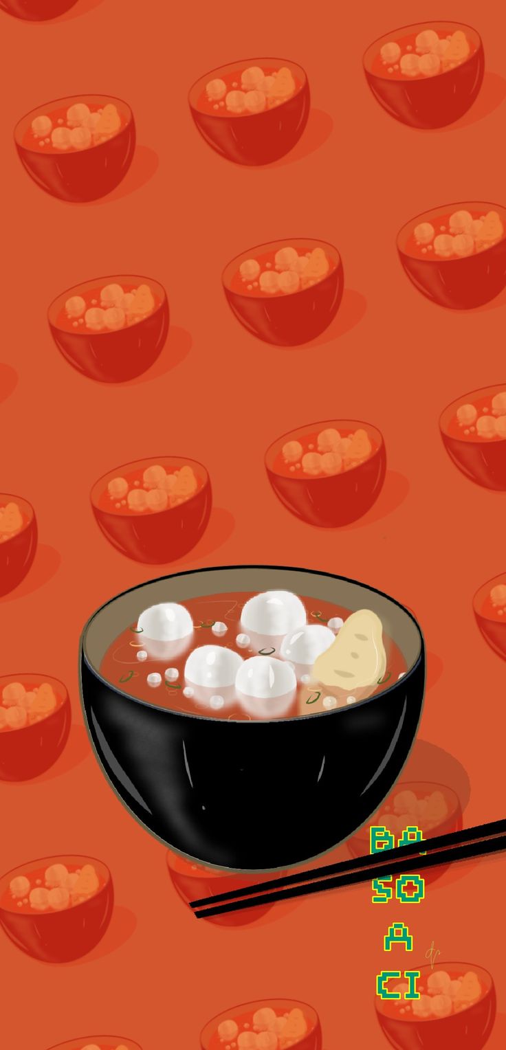 a bowl of soup with chopsticks on an orange background that has small pieces of marshmallows in it