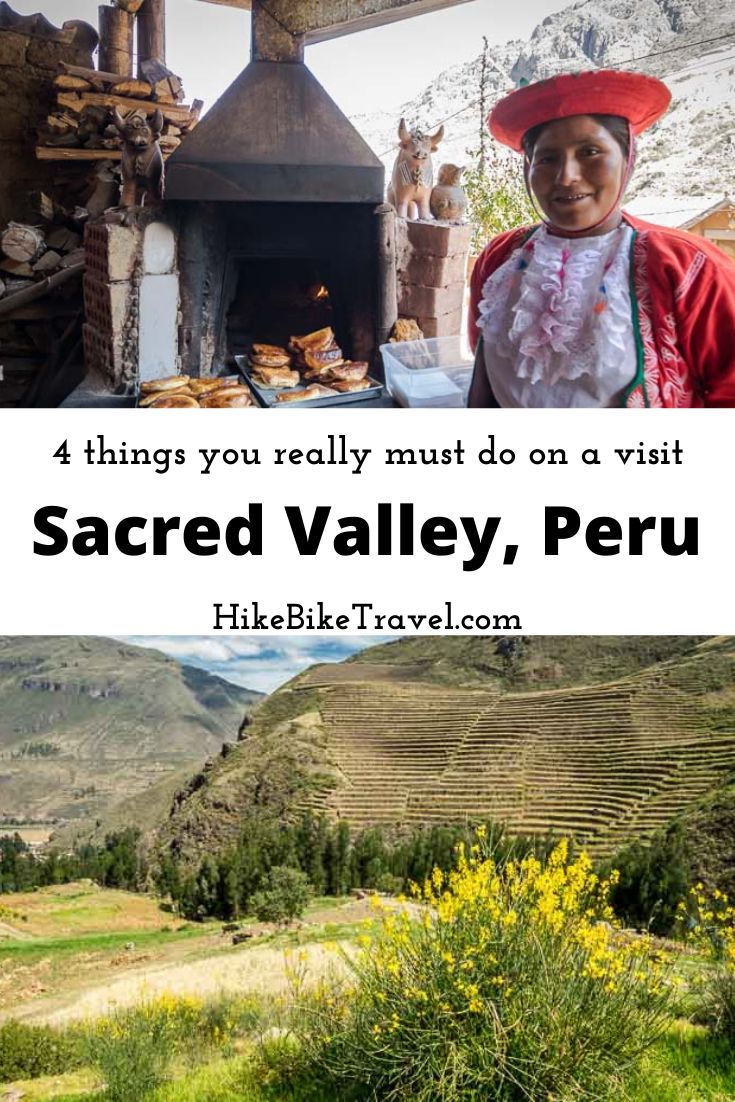 a woman standing in front of an oven with the words sacred valley peru on it