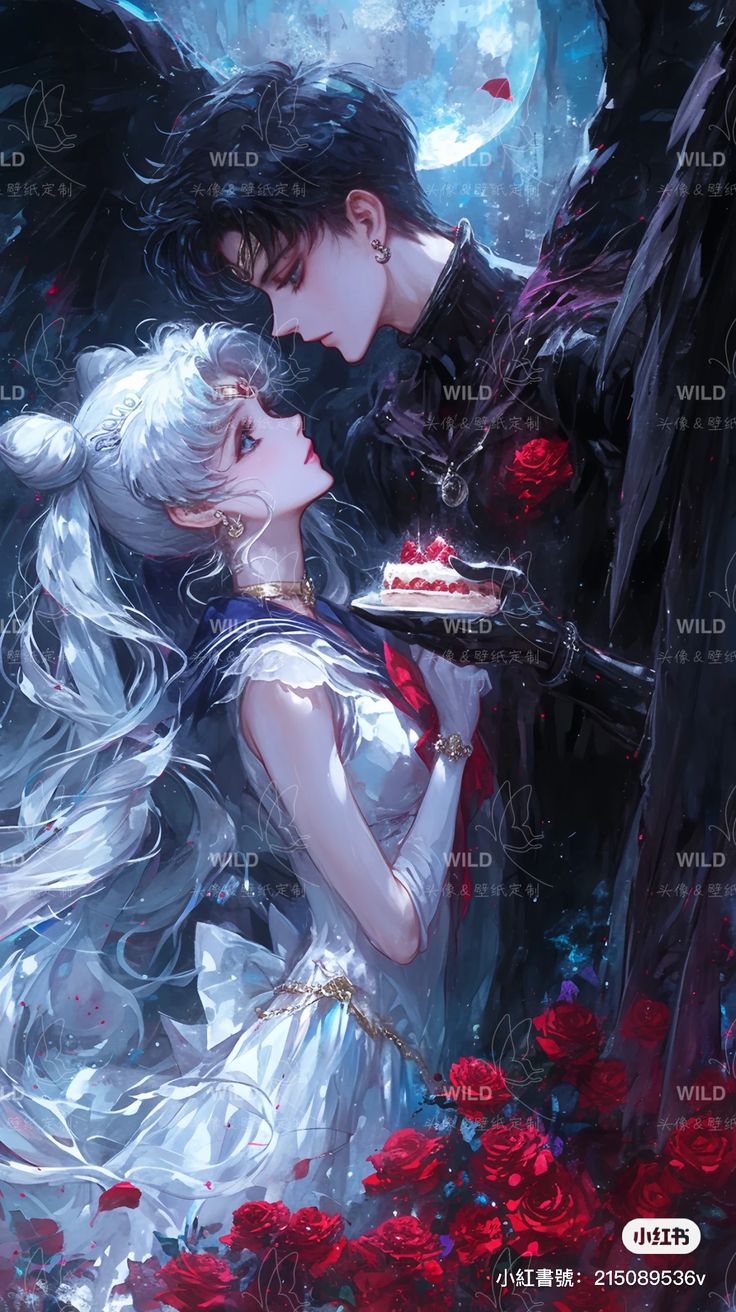 an illustration of two people kissing in front of a full moon and red rose bush