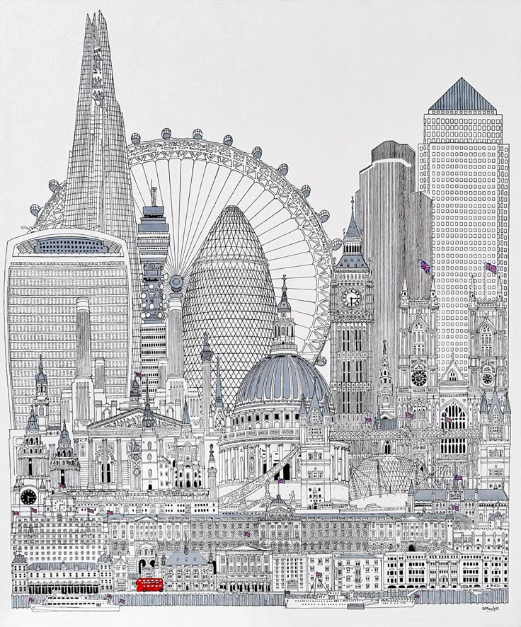 a black and white drawing of the london skyline