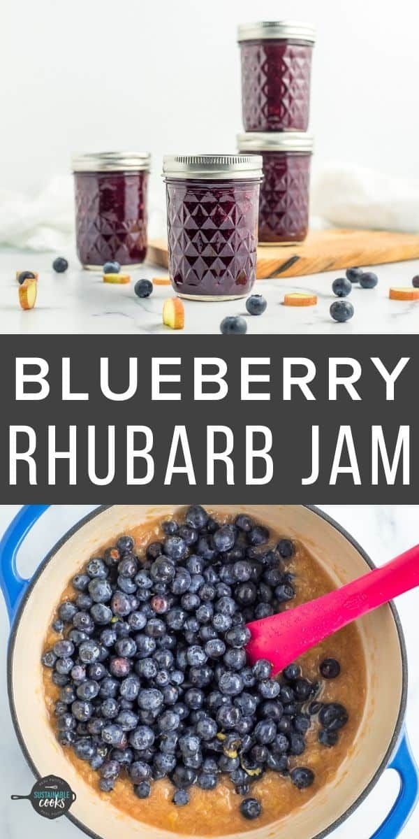 blueberry rhubarb jam in a bowl with spoon and jars on the side