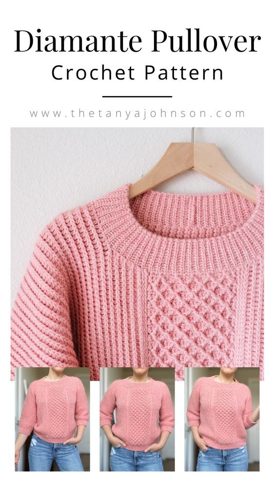 a woman wearing a pink sweater and jeans with the text, how to knit a diamond pullover crochet pattern