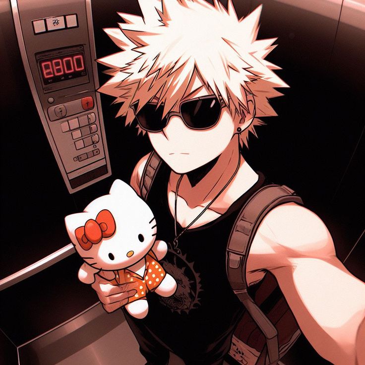 an anime character holding a hello kitty stuffed animal in front of a counter top oven