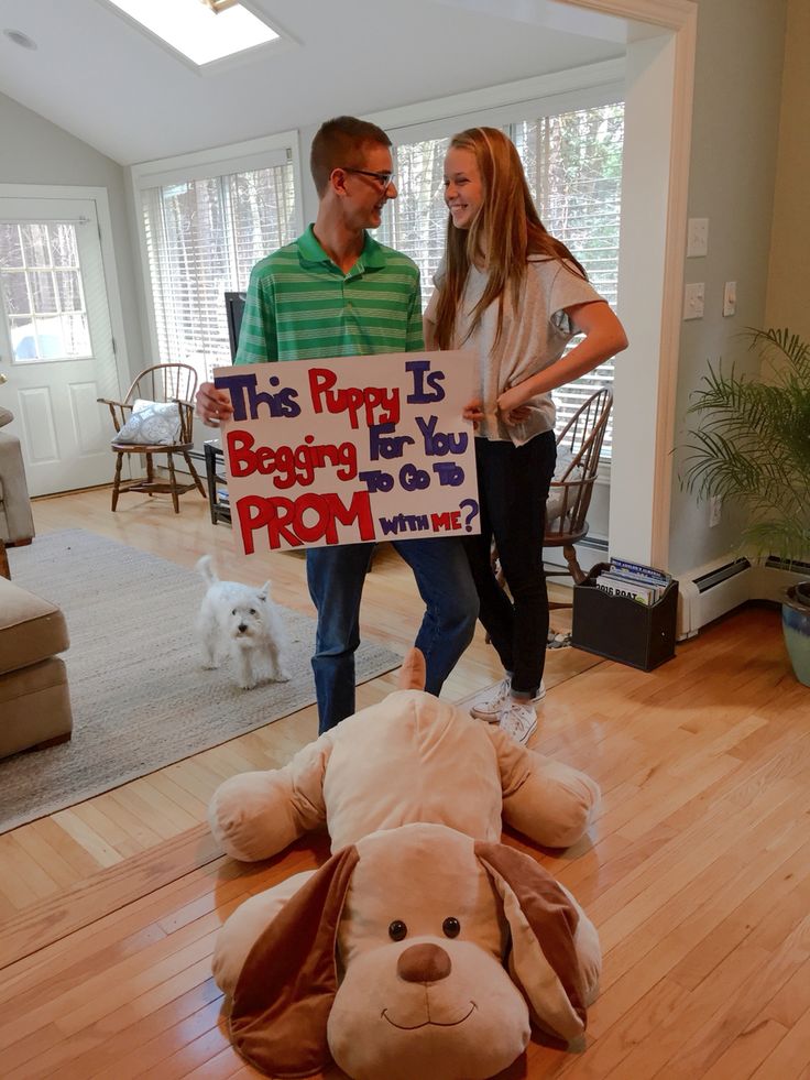 a man and woman standing next to a large stuffed dog holding a sign that says it's poppy is begging you to prom