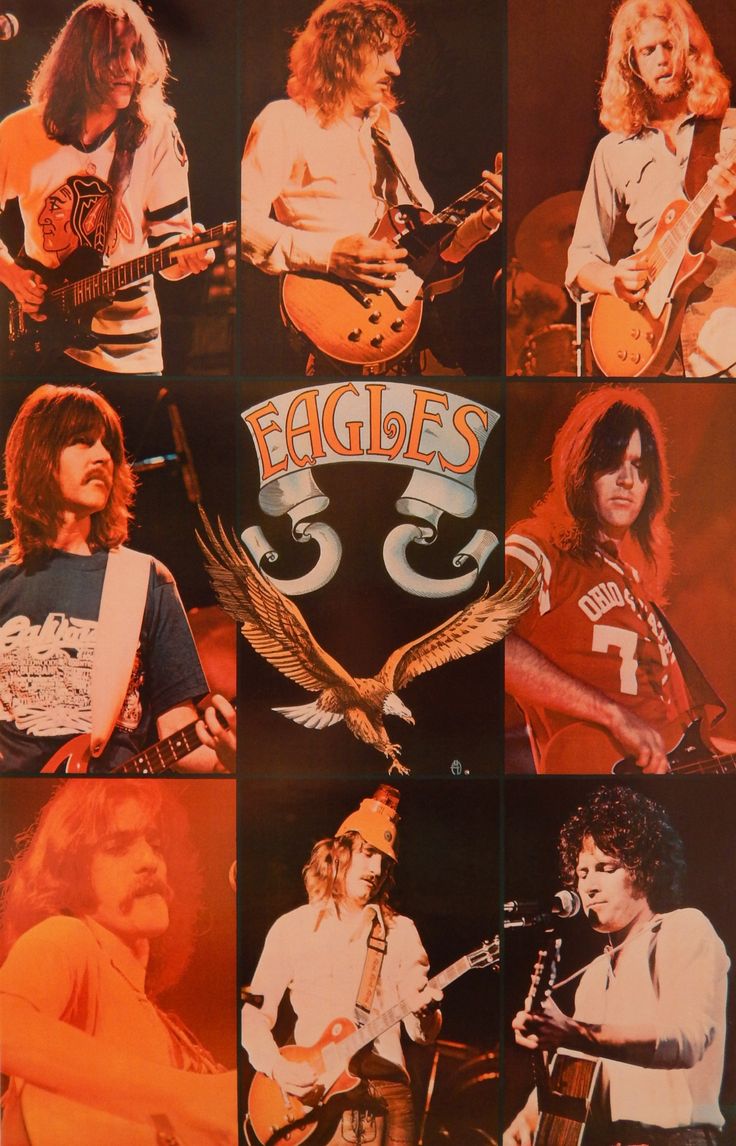 the eagles are playing their guitars together in this collage, which includes an eagle